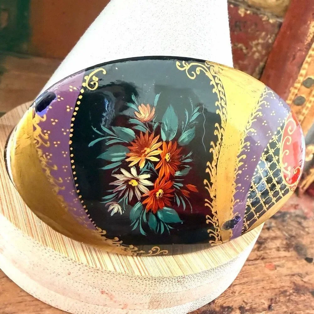 Hand Painted Russian Lacquer Style Floral Brooch